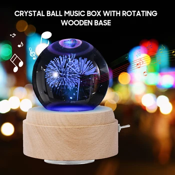 Crystal Ball Music Box Rotujúce Svietiace LED Light Box Drevený Základ Rotujúce Windup Musicbox Nočné Svetlo Izba Dekor Hudobný Darček
